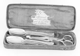 C70-1183. Set of six teaspoons, sugar tongs, and case: 1954-563,1-8.