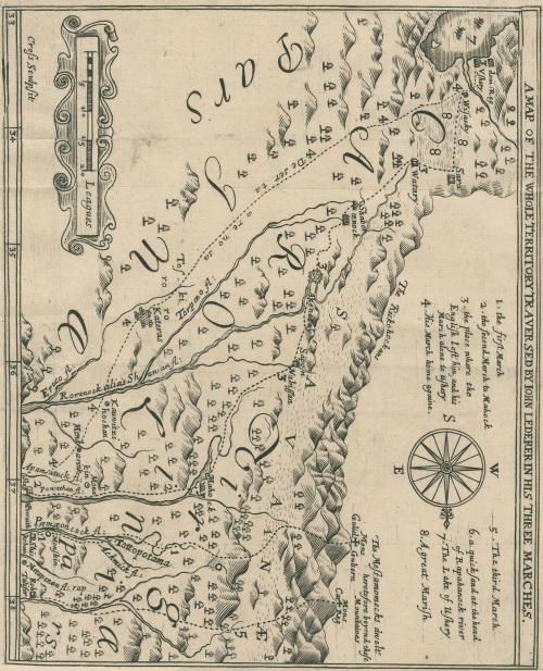 A Map of the Whole Territory Traversed by John Lederer in His Three Marches